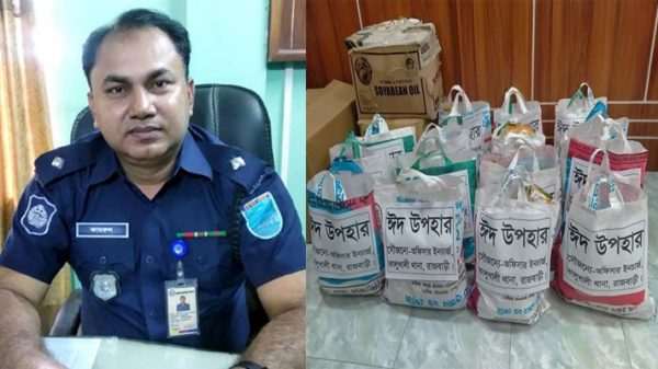 ঈদ উপহার নিয়ে জনগণের দুয়ারে কালুখালীর ওসি কামরুল হাসান