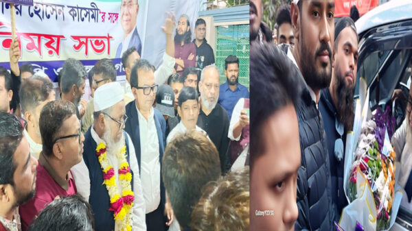 জোটের প্রার্থী মনির কাসেমীকে ফুল দিয়ে ফতুল্লা ৬নং ওয়ার্ড বিএনপির শুভেচ্ছা